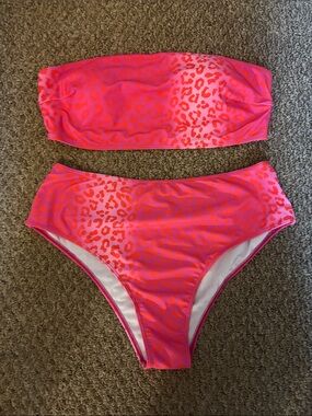 Source Unknown Pink and Orange Leopard Print Bandeau Bikini Set